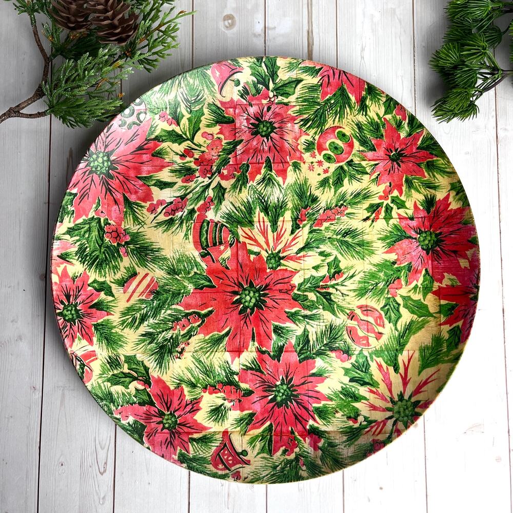 Vintage 1950s/60s Woven Wood/Bamboo Decorative Christmas Serving Tray Poinsettia